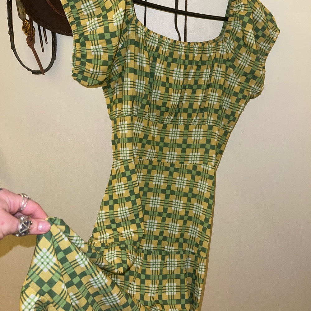 Vintage Plaid Green Tapered midi Dress